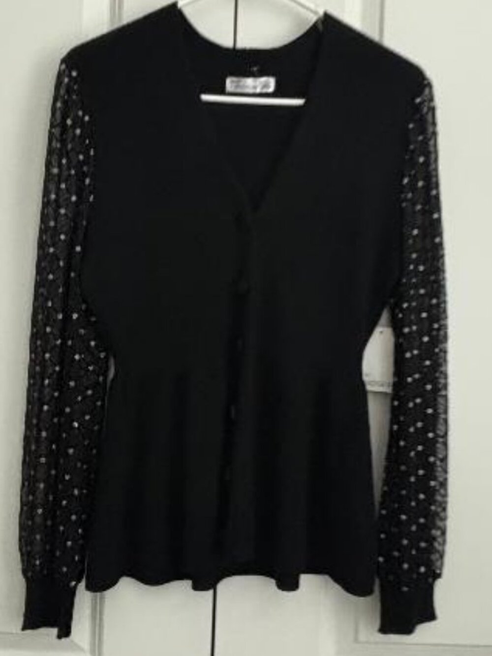 89th + Madison Black V-Neck Button Cardigan Sweater M Sheer Lace Sleeves NWT